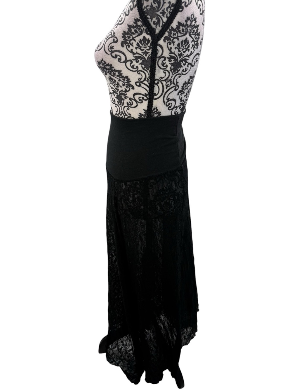 Black Lace Asymmetrical Midi Skirt Dress Sheer Stretch Waist Dark Feminine Goth - Picture 7 of 16